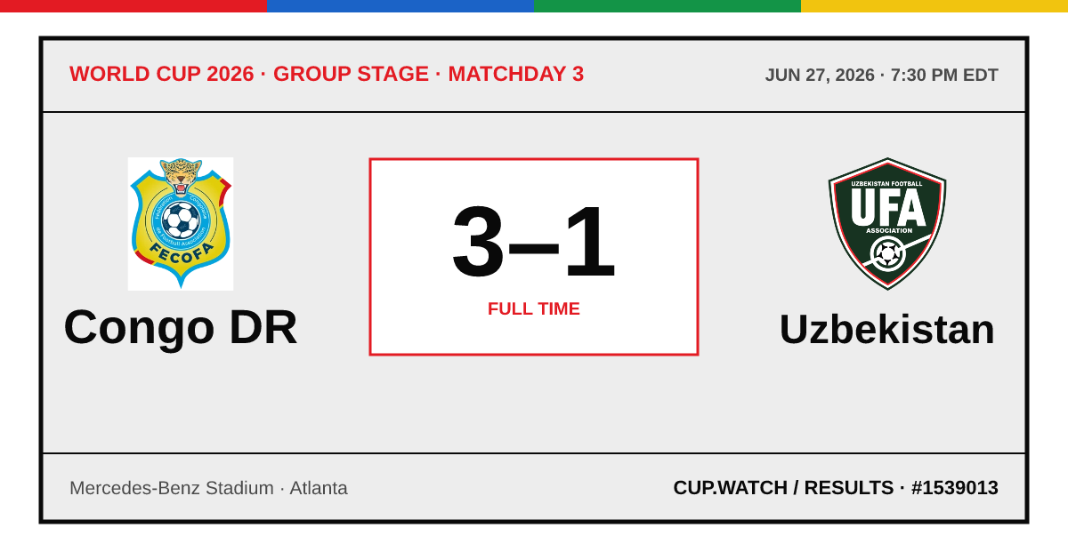 Congo DR 3–1 Uzbekistan; full time. Group stage · Matchday 3 at Mercedes-Benz Stadium in Atlanta. ARCHIVE design.