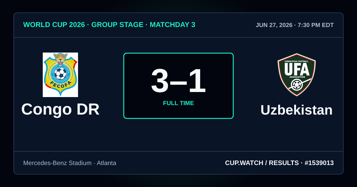Congo DR 3–1 Uzbekistan; full time. Group stage · Matchday 3 at Mercedes-Benz Stadium in Atlanta. NEON design.