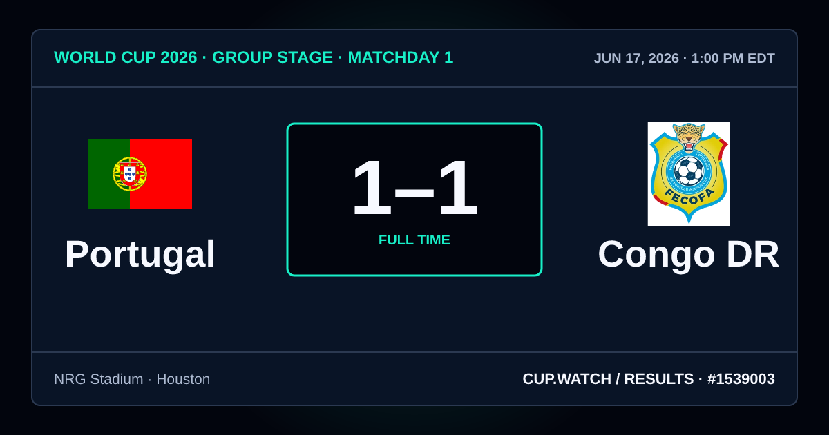 Portugal 1–1 Congo DR; full time. Group stage · Matchday 1 at NRG Stadium in Houston. NEON design.
